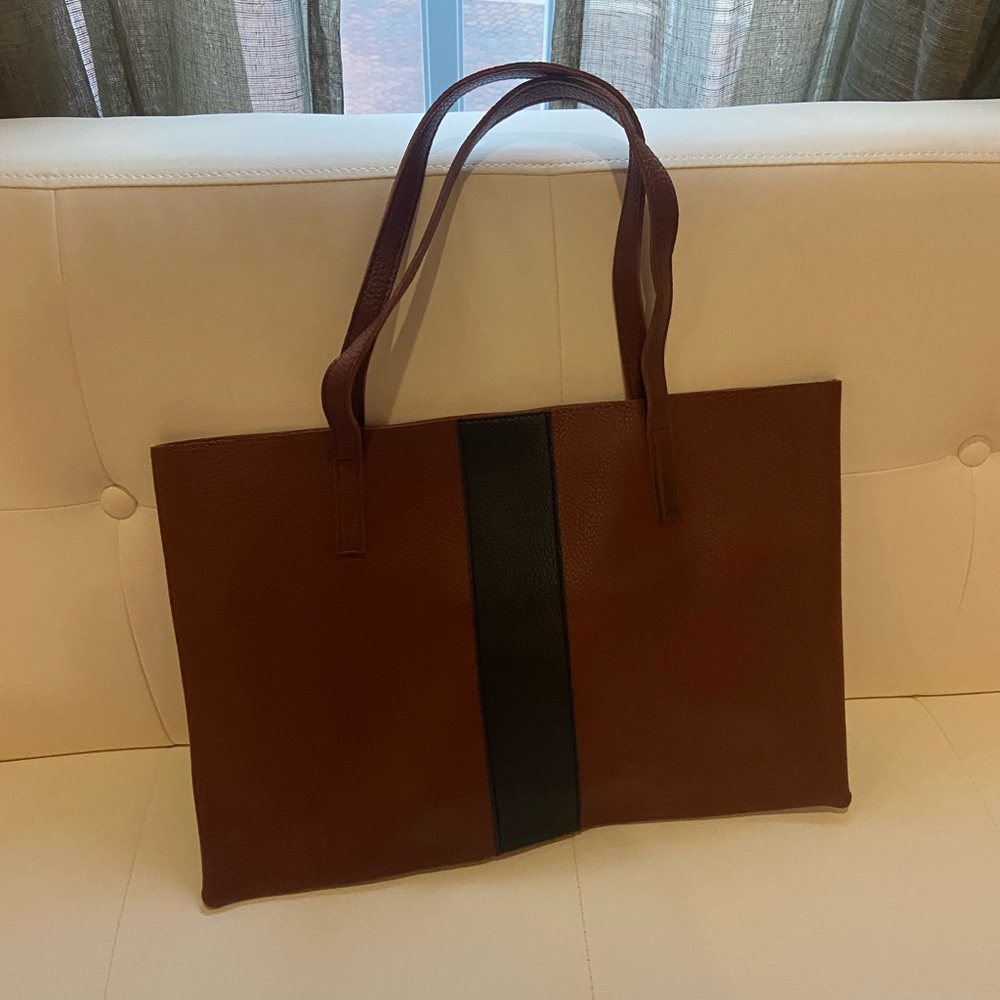 Vince Camuto Vegan Leather Tote Bag brown black stripe